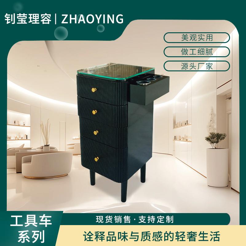 厂家黑色竖条纹工具车美发车发廊手推车理发店复古高雅工具车