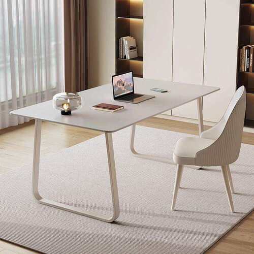 奶油风书桌学生家用小型纯白岩板台式电脑桌办公桌现代简约长方形