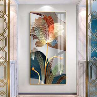 轻奢走廊尽头挂画玄幻大气晶瓷壁画 饰画竖版 金玉花开 入户玄关装