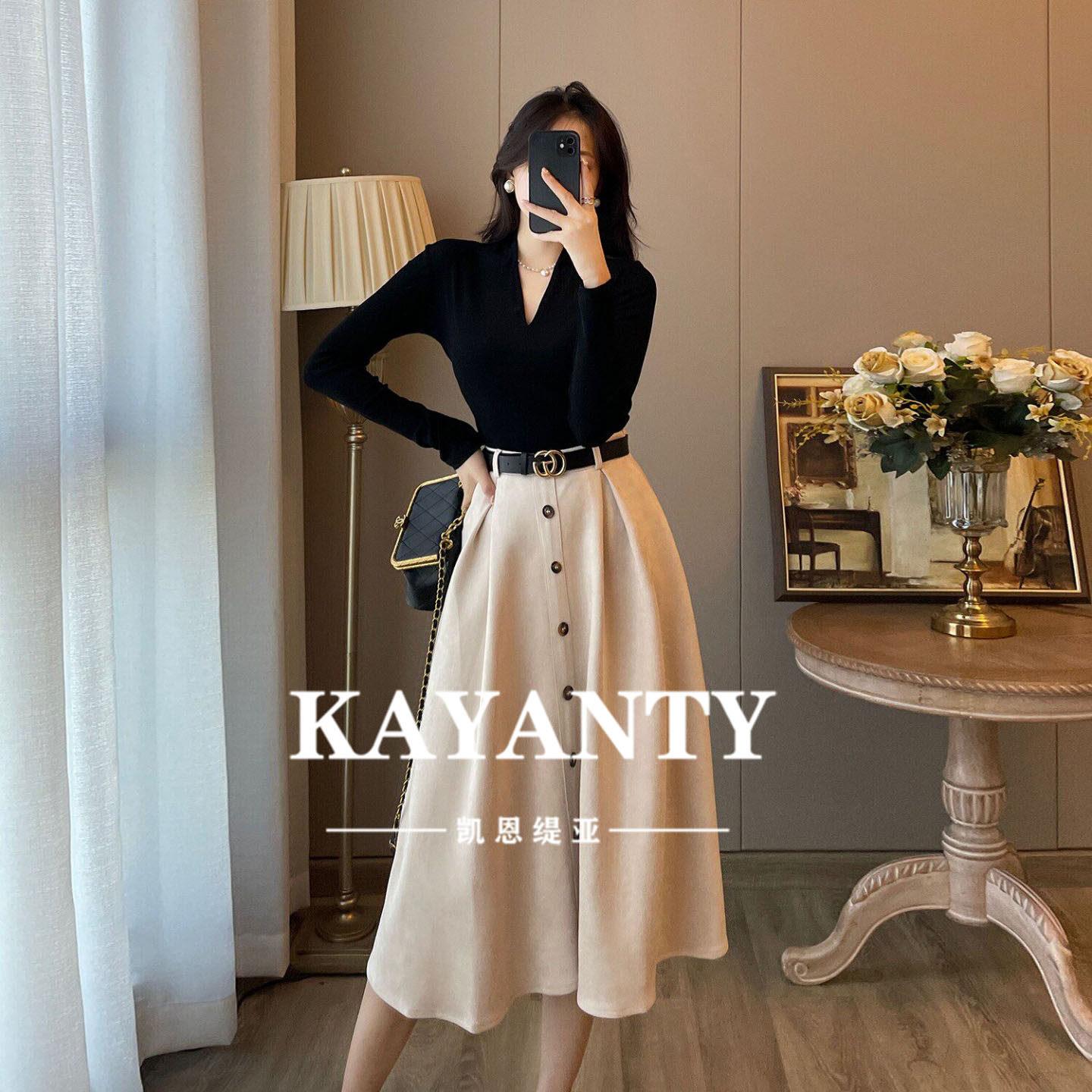 KAYANTY两件套装女春装新款洋气时髦法式复古打底丝绒显瘦连衣裙