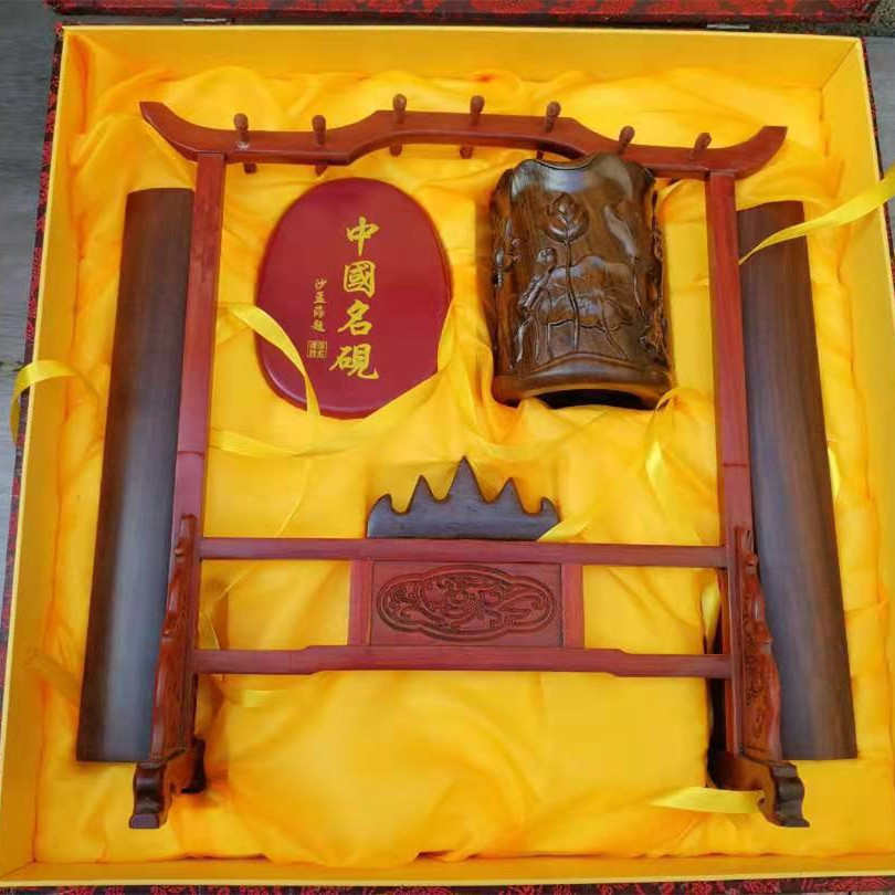 套装批发厂家文房摆件黑檀宝直供砚台礼品五木雕书法笔筒笔架镇尺