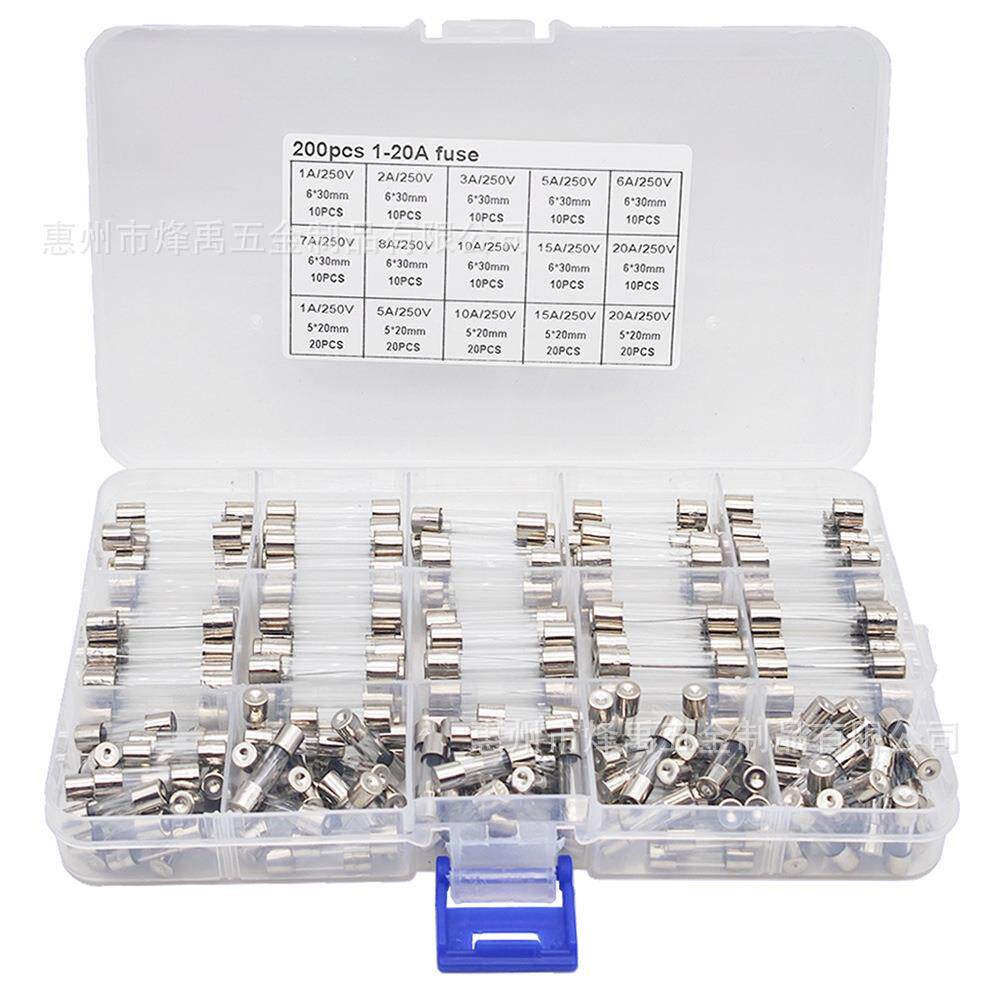 跨境200pcs盒5/6x20mm0.1A-20A慢吹玻璃管状保险丝玻璃保险管