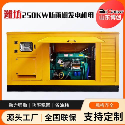 潍坊250KW柴油发电机厂房备用防雨棚防水防尘低油耗250KW发电机组