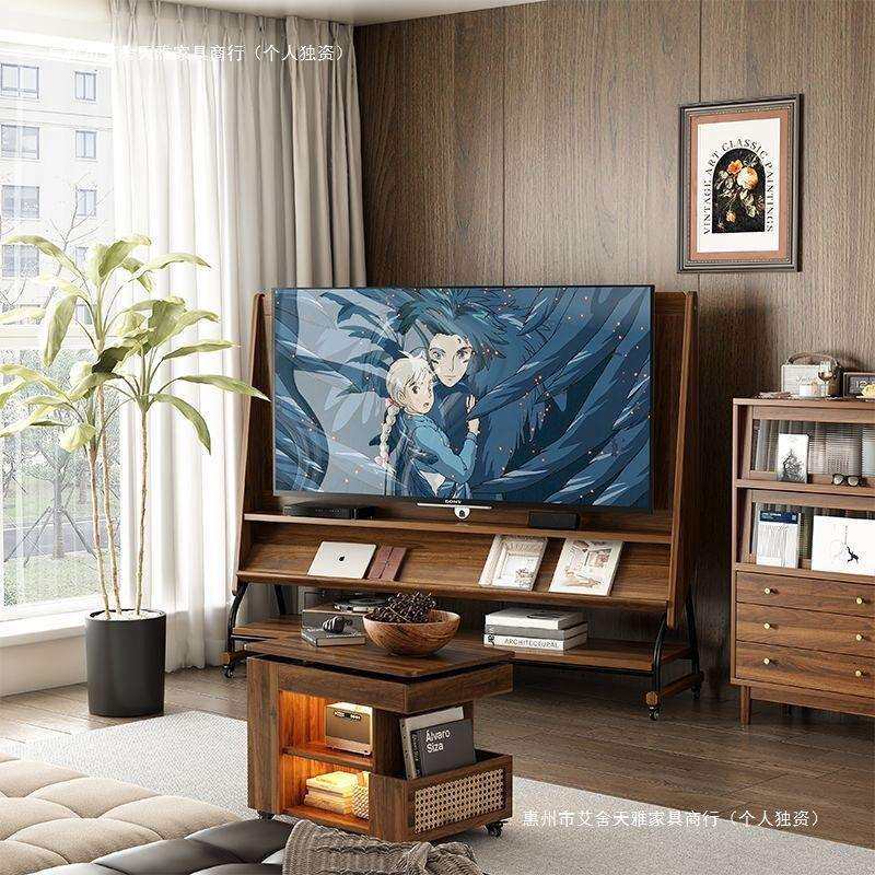 全实木可移动电视柜茶几客厅家用小户型2024新款收纳带轮储物支架