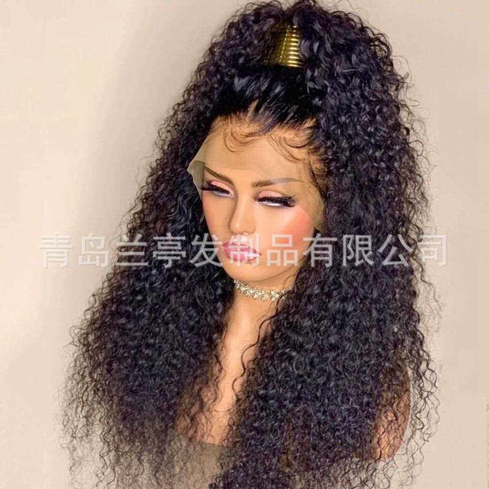 新款直销欧美跨境热销黑色中分长发非洲小卷前蕾丝化纤女假发工厂