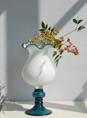 法式中古柔光铃兰玻璃花蓝色拼奶油白手工风灯插花装饰品摆件