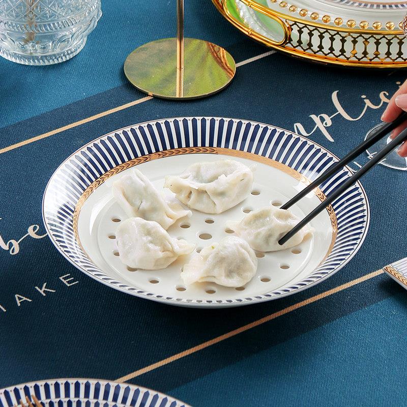 水饺盘子沥水双层盘吃水饺专用盘子家用骨瓷8-10英寸多功能水饺盘