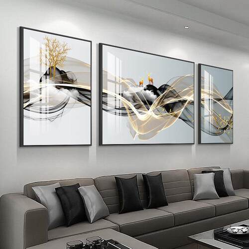现代简约客厅装饰画2026轻奢沙发背景墙挂画大白墙大气壁画三联画
