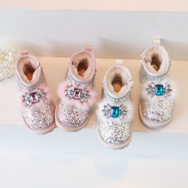 冬季女童亮晶晶公主靴1-2-3岁女宝宝棉靴4儿童雪地靴小童亮片短靴