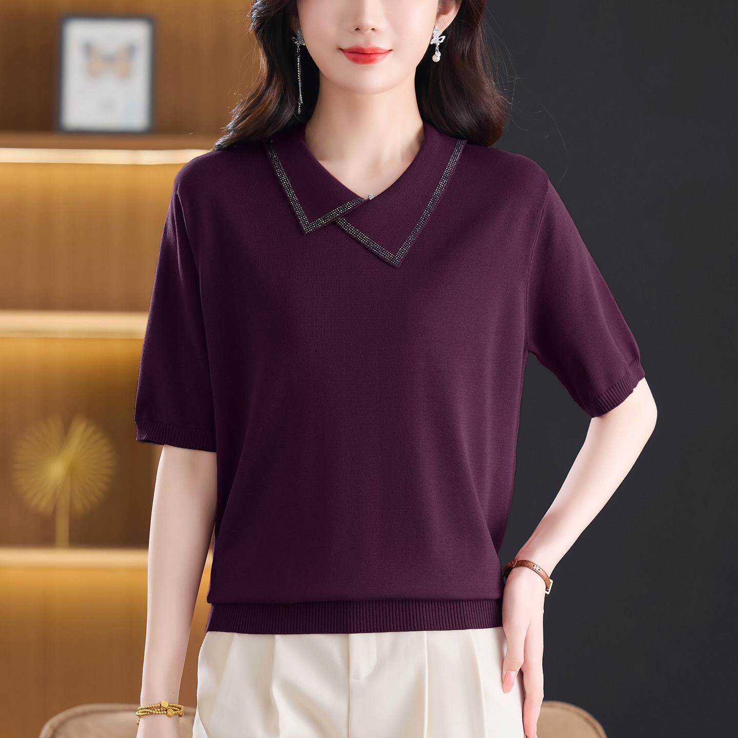 夏装桑蚕丝翻领短袖T恤女宽松大码显瘦遮肚妈妈装冰丝针织薄上衣