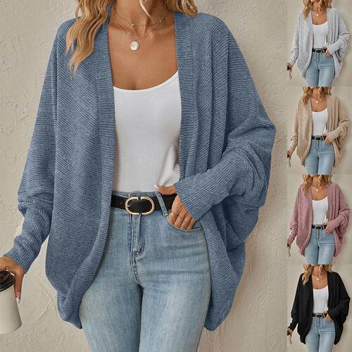 Women's Casual Basic Long Sleeve Batwing Ribbed Knit Cardiga