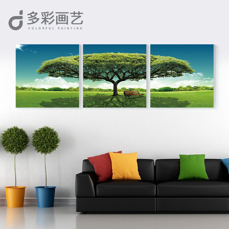 绿色大树客厅装饰画沙发背景墙三联画现代家居壁画油画布画芯打印
