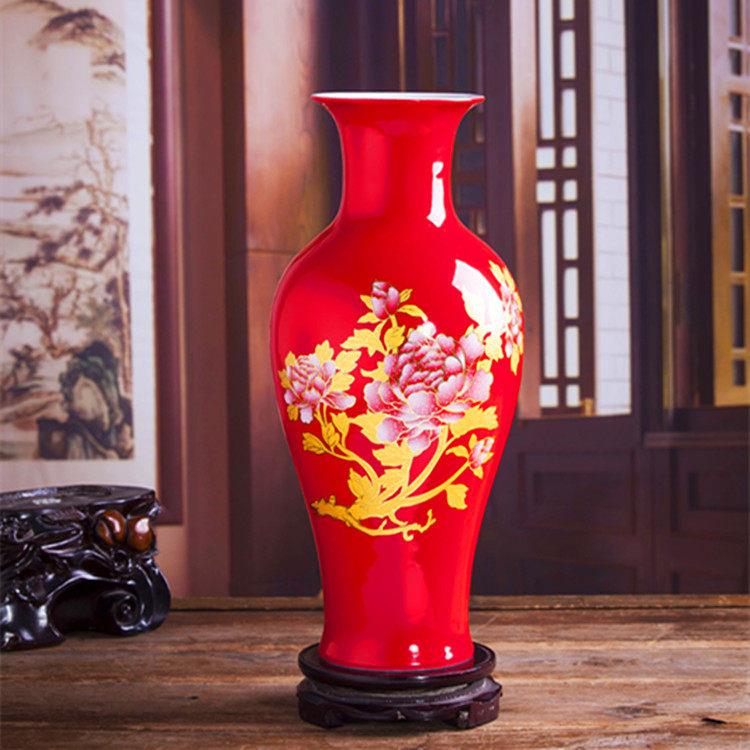景德镇陶瓷花器花瓶家居工艺礼品摆饰电视柜摆件描金牡丹结婚礼物