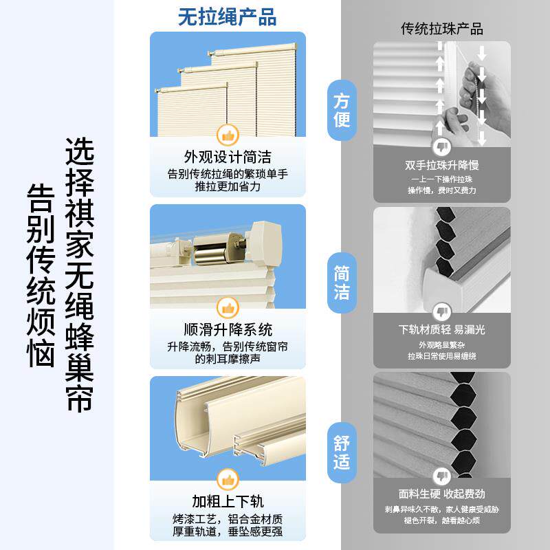 无拉帘绳蜂巢帘免打水孔遮阳隔热百叶窗化妆室防蜂厨房风琴WSFCL-