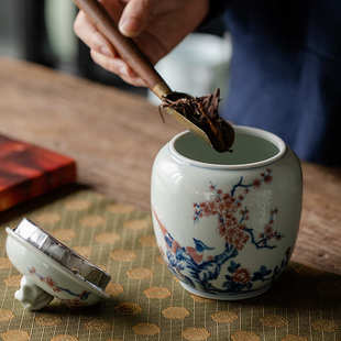 仿古彩喜上眉梢茶叶罐陶瓷密封罐太湖石盖钮储茶通用茶叶包装空罐