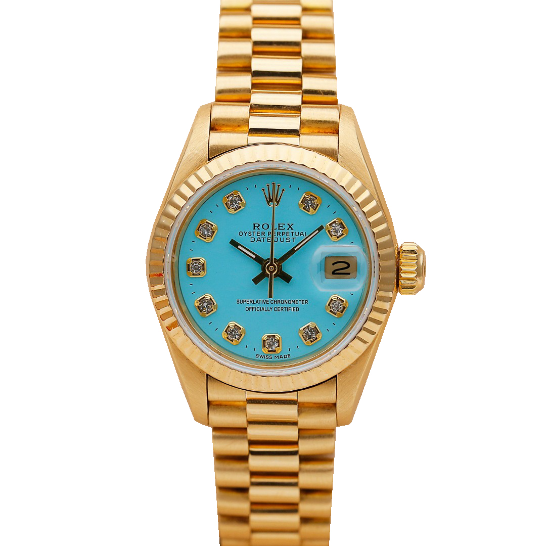 正品女金劳[9.8新]劳力士日志蒂芙尼蓝后镶钻自动机械女表69178