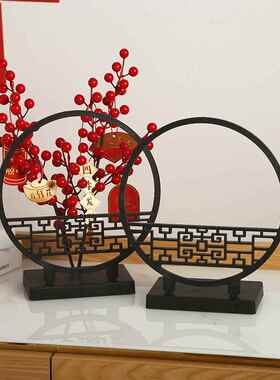 玄关迎客松盆景新中式客厅办公室仿真绿植装饰品桌面摆件塑料屏风