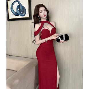网红足浴工作服中式挂脖性感连衣裙夜总店佳丽公主晚礼服女高级感