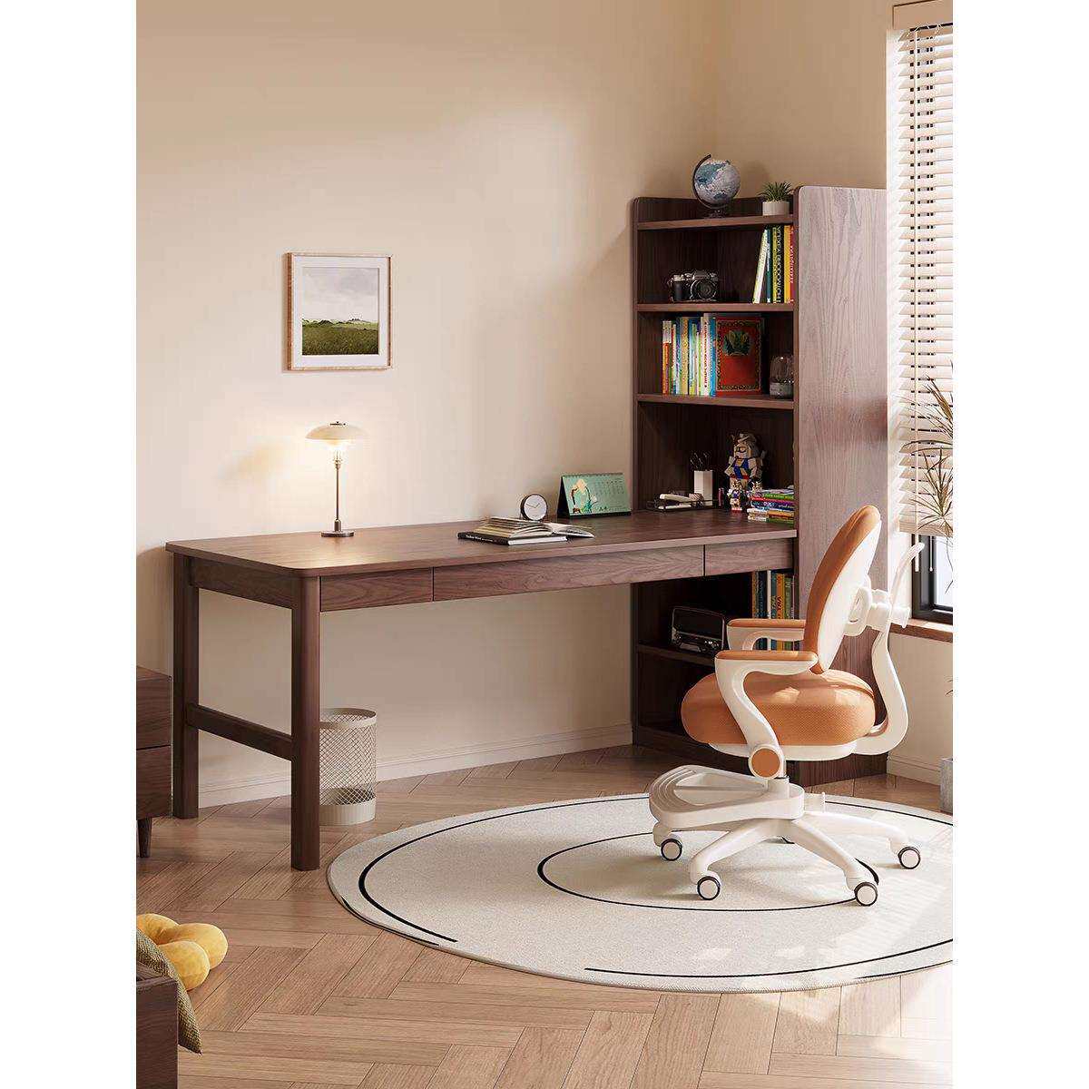 实木转角书桌书架一体带书柜学习桌学生家用写字桌卧室拐角电脑桌