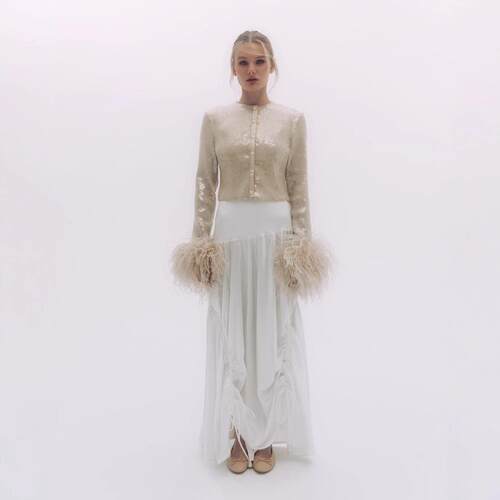 Long sleeved suit type super sparkling wind belt feather