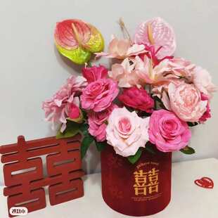 飾房布置婚慶桶抱抱新房架子色婚花花紅結婚擺件真插花婚禮 喜慶裝