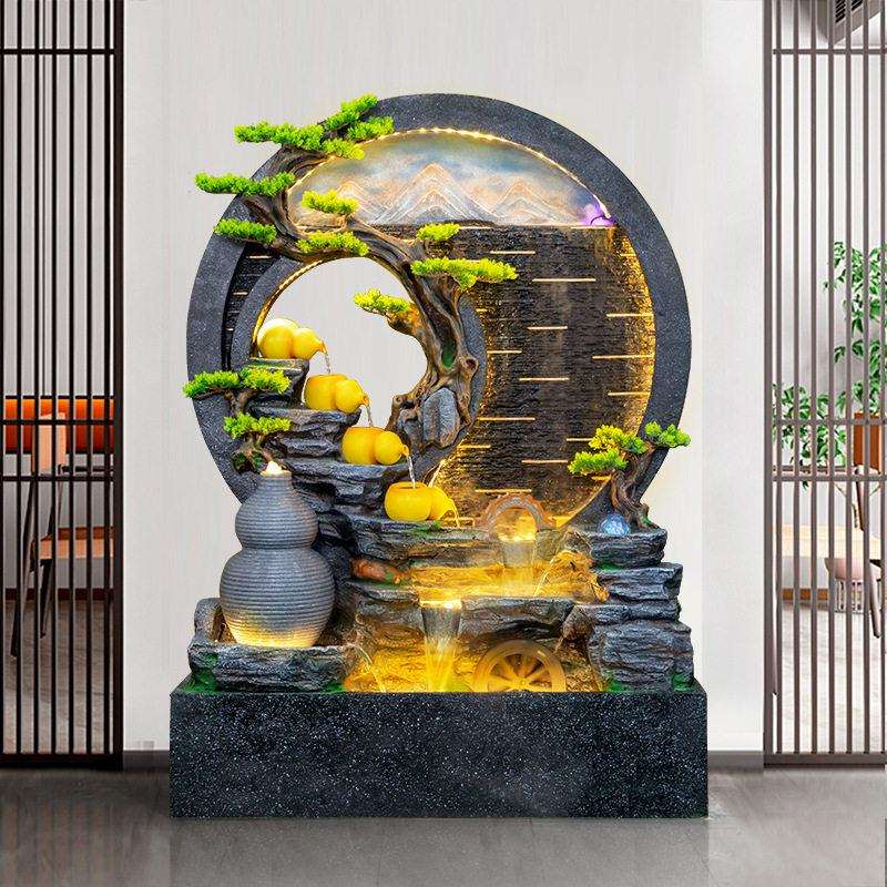 新中式创意圆形水幕墙葫芦流水摆件酒店大堂公司装饰景观落地水景