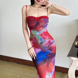 2025欧美跨境女装 新款 休闲彩绘印花性感吊带修身 包臀连衣裙女 夏季