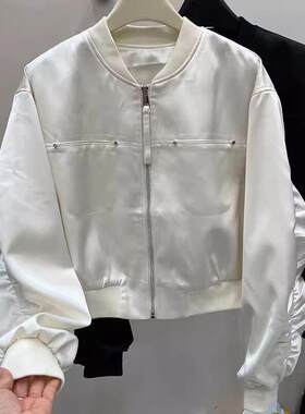欧货宽松休闲缎面短款外套女百搭春季新款米白色夹克时尚棒球服潮