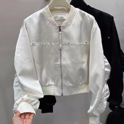 欧货宽松休闲缎面短款外套女百搭春季新款米白色夹克时尚棒球服潮