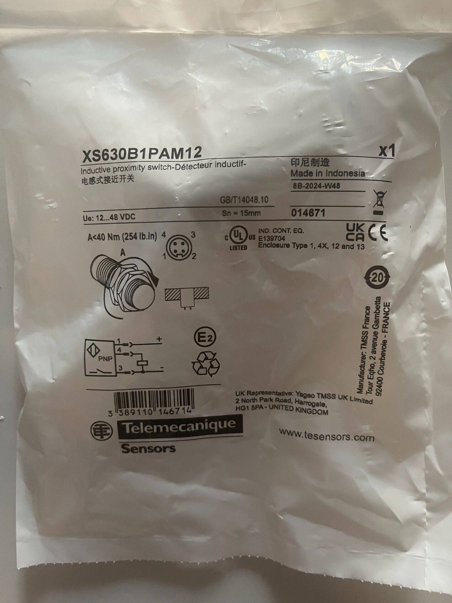 TE特勒美科（原施耐德）接近开关XS630B1PAM12全新