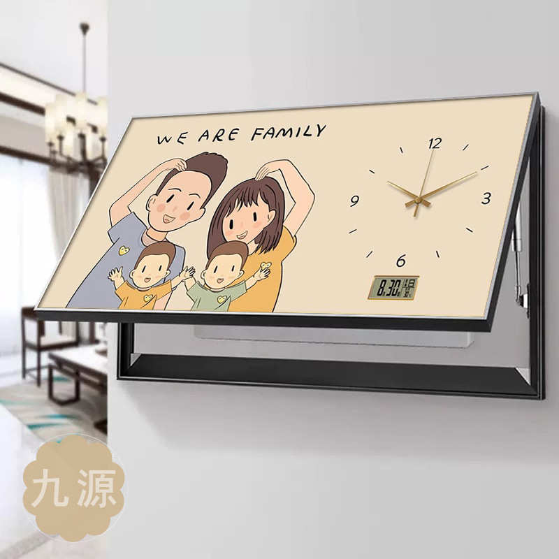 一家三四口大尺寸电表箱装饰画现代轻奢遮丑箱挂画横版钟表万年历