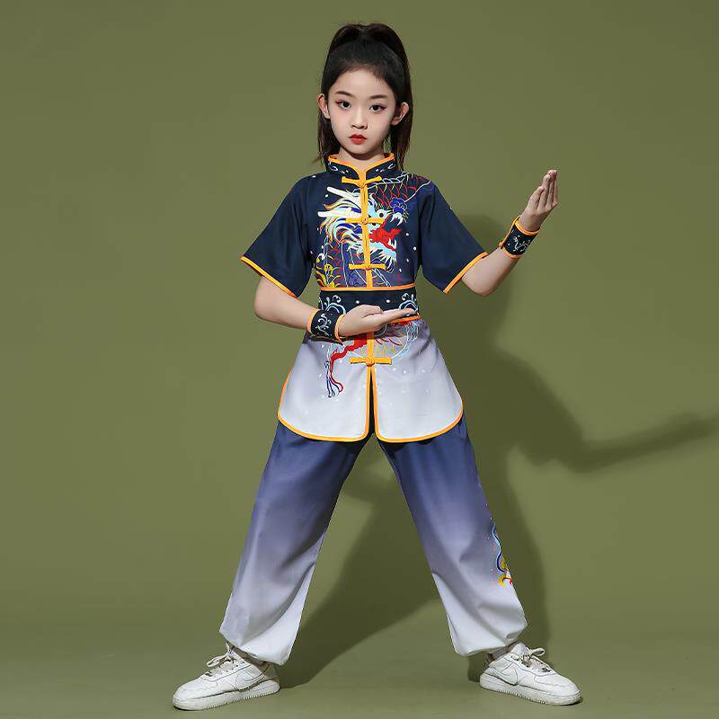 新款儿童武袖术表演服、鼓服、凤式男女长龙短练习服、赛比舞台服