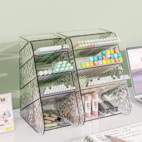 书收大量容斜插式笔筒儿童学生桌桌面透明水波纹分BTE区纳盒置物