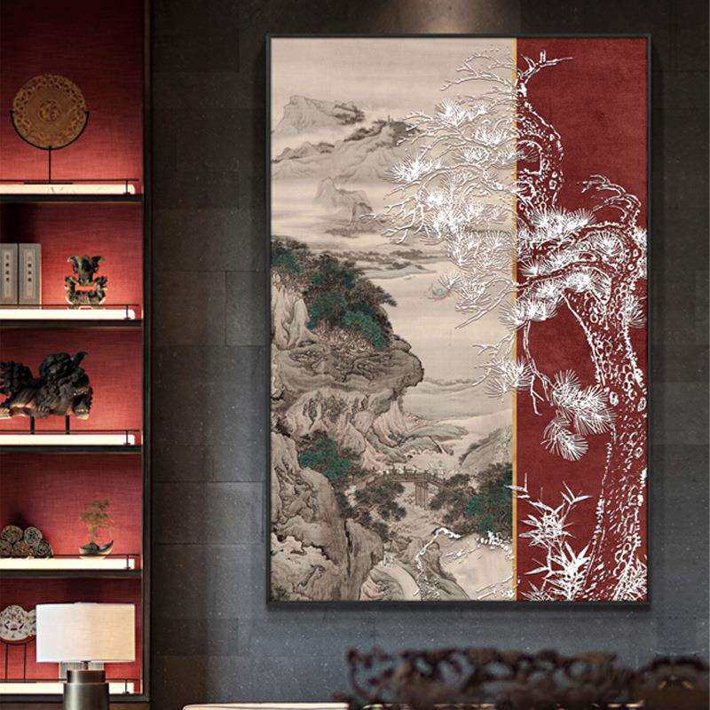 新中式玄关客厅山水国画餐厅走廊过道装饰画酒店饭店竖版红色壁画