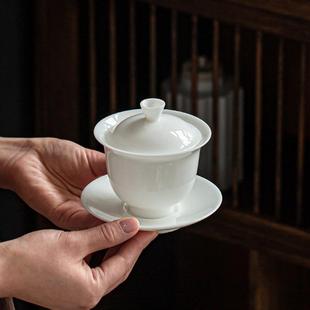 带盖不烫手敬泡茶杯功夫家用 羊脂玉白瓷三才盖碗单个陶瓷茶具套装