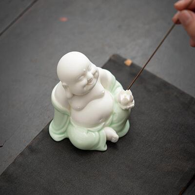 禅意弥勒茶宠摆件家用室内香托香插檀香香炉香座陶瓷小和尚装饰