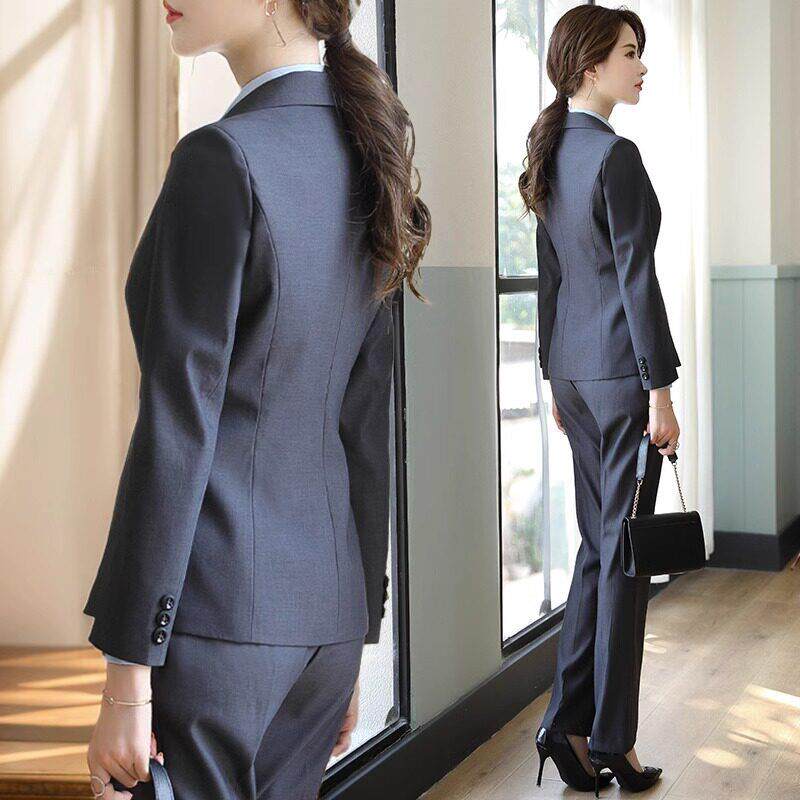 灰色职业装长袖西装外套女免烫西服套装春秋公务员面试正装工作服