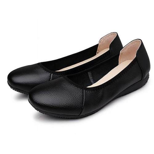 正品黑色单鞋圆头女士皮鞋平底上班防滑工真作鞋大码女皮底软浅口