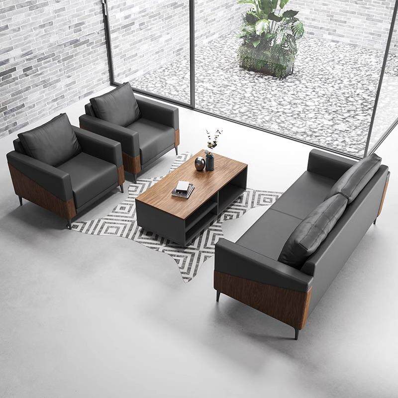 皮艺办公室沙发商务会客洽谈接待室简约现代茶几组合套装