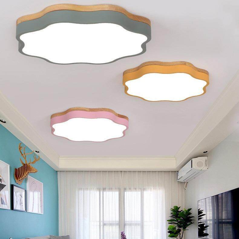 北欧马卡龙木艺led吸顶灯花形卧室书房灯创意家用卡通儿童房灯具