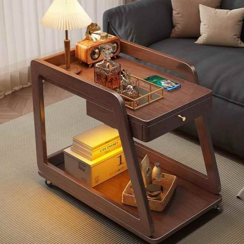可移动边几带轮实木茶几茶桌小型家用客厅小桌子推车床边移动床头