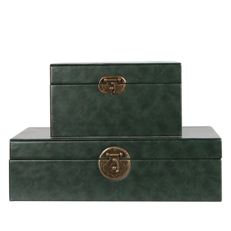 新中式木质收纳盒摆件样板房间书柜玄关绿色皮质装饰盒软装饰品