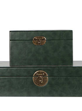 新中式木质收纳盒摆件样板房间书柜玄关绿色皮质装饰盒软装饰品