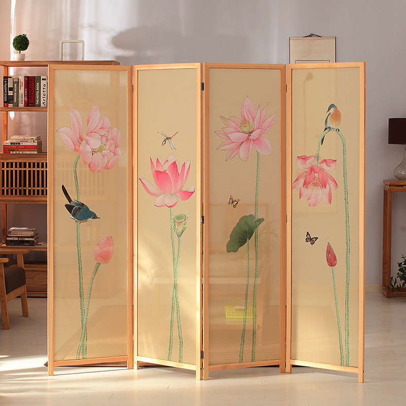 #半透实木布艺屏风隔断玄关折屏座屏现代简约新中式屏风帘隔断帘