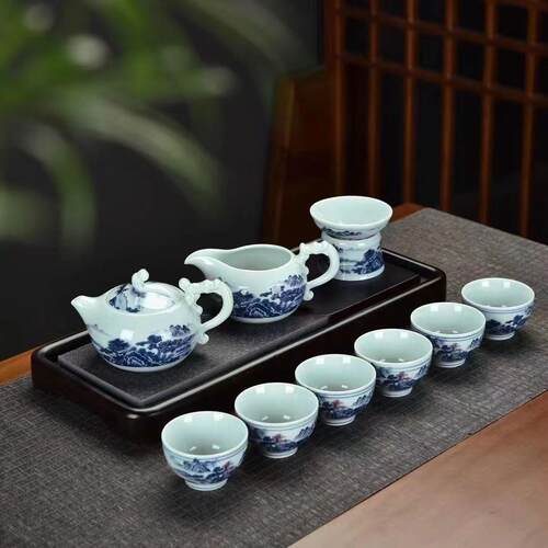 陶瓷功夫茶具套装家用高档办公室轻奢中式青花手抓小茶壶茶杯泡茶
