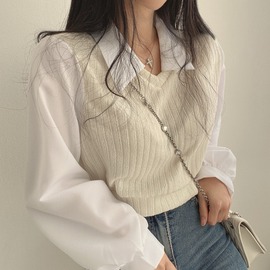 韩国chic春季复古小众，法式衬衫拼接翻领灯笼，袖假两件短款针织上衣