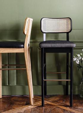 法式实木藤编吧台椅复古简约高脚椅木质极简咖啡厅酒吧椅前台吧椅