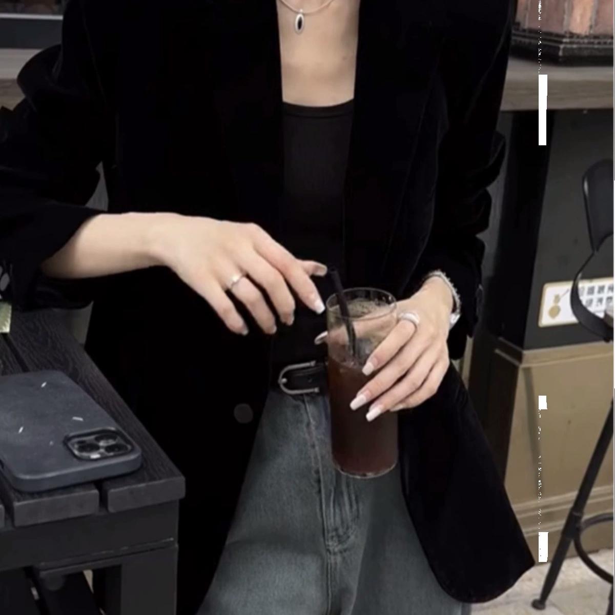 好货中长款金丝绒西装女士2026春秋新款宽松外穿上衣系带黑色西服