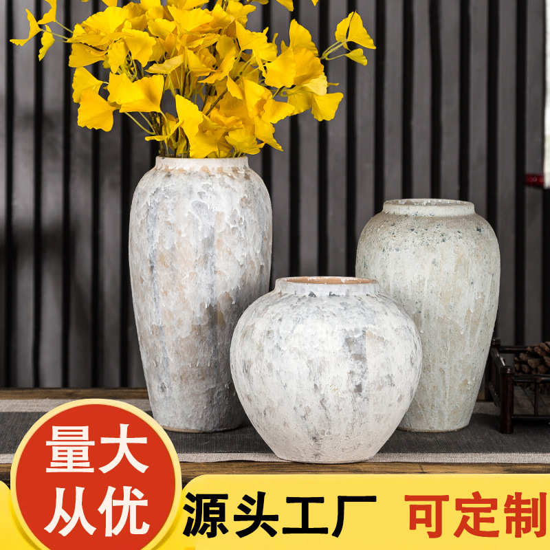 景德镇现代简约干花陶瓷插花花瓶中式摆件复古做旧手工白色粗陶罐
