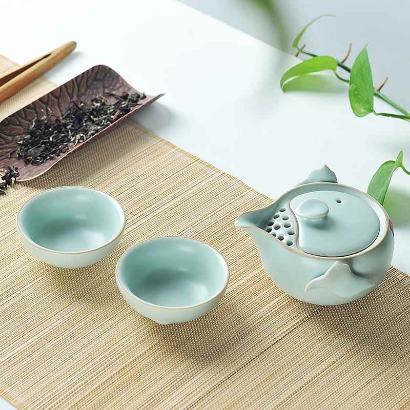 正品汝快杯旅行套组车载窑功夫茶具装便携式茶壶套陶瓷一壶两客杯